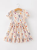 Fall Floral Puff Sleeve Ruffle Girls Dress