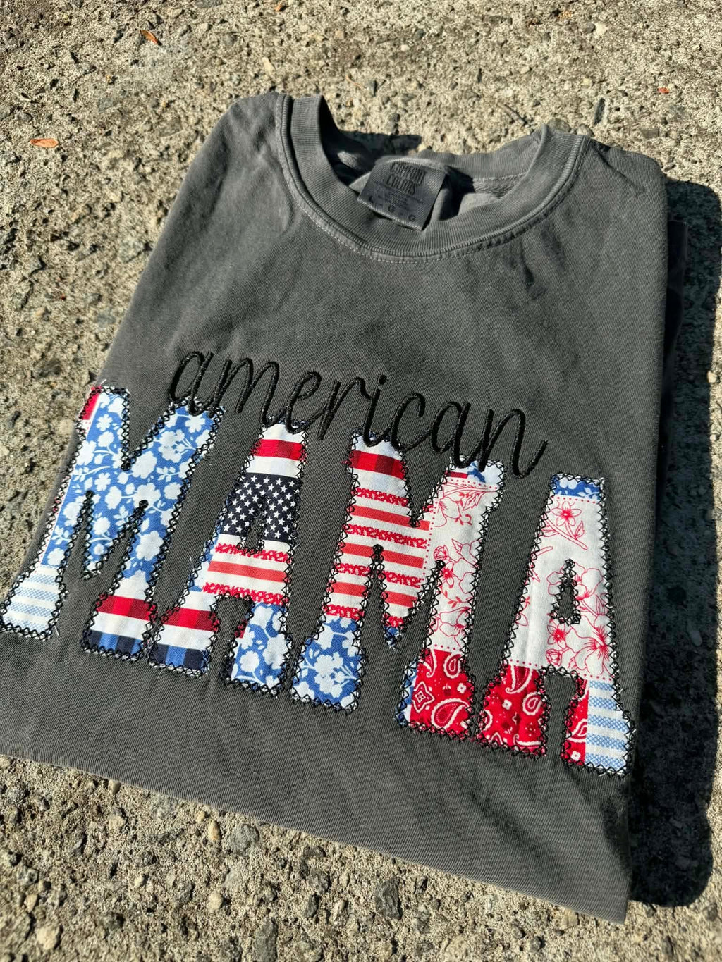 American Mama Custom Patriotic Embroidered Name Shirt with Patchwork Applique Letters